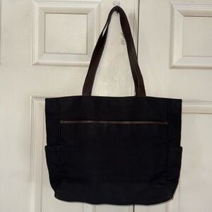 Levenger Black Canvas Tote With Brown Leather Trim